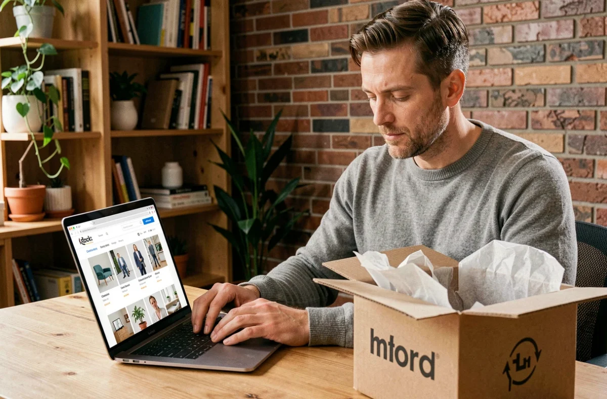 Homme achetant des invendus de marques en ligne depuis son bureau à domicile
