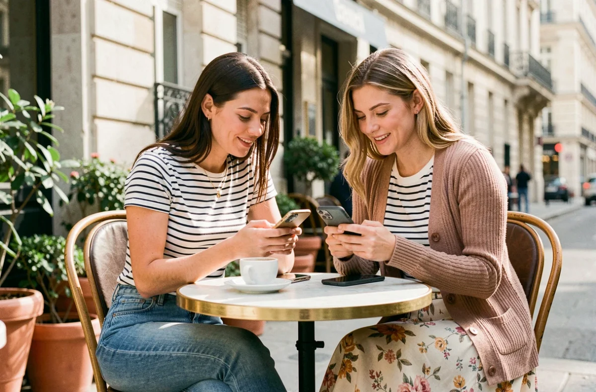 Deux amies comparant des vêtements mode sur une application shopping en terrasse de café, illustrant la recherche de dupes Zara sur Shein