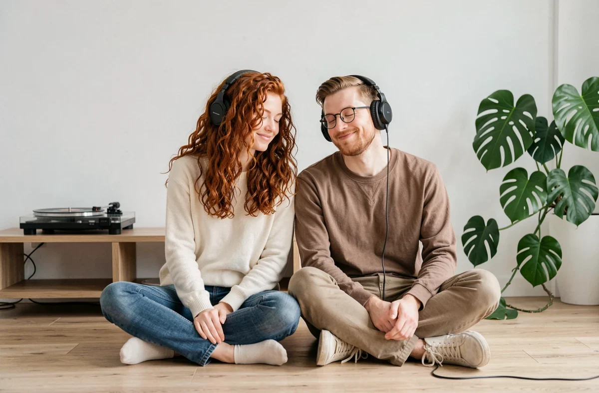 Deux amis partageant des écouteurs et écoutant de la musique ensemble dans un appartement moderne, symbolisant l'émotion universelle de la plus belle chanson