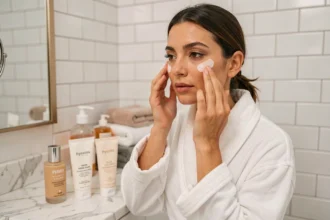 Femme appliquant une base de teint avant son fond de teint hydratant dans une salle de bain moderne