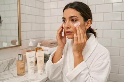 Femme appliquant une base de teint avant son fond de teint hydratant dans une salle de bain moderne