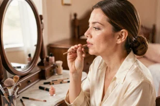 Femme appliquant un crayon à lèvres nude devant un miroir de coiffeuse en bois avec un gloss posé sur la surface