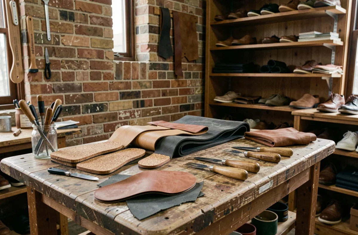 Établi d'artisan cordonnier avec des matériaux naturels et durables pour la fabrication de chaussures éthiques