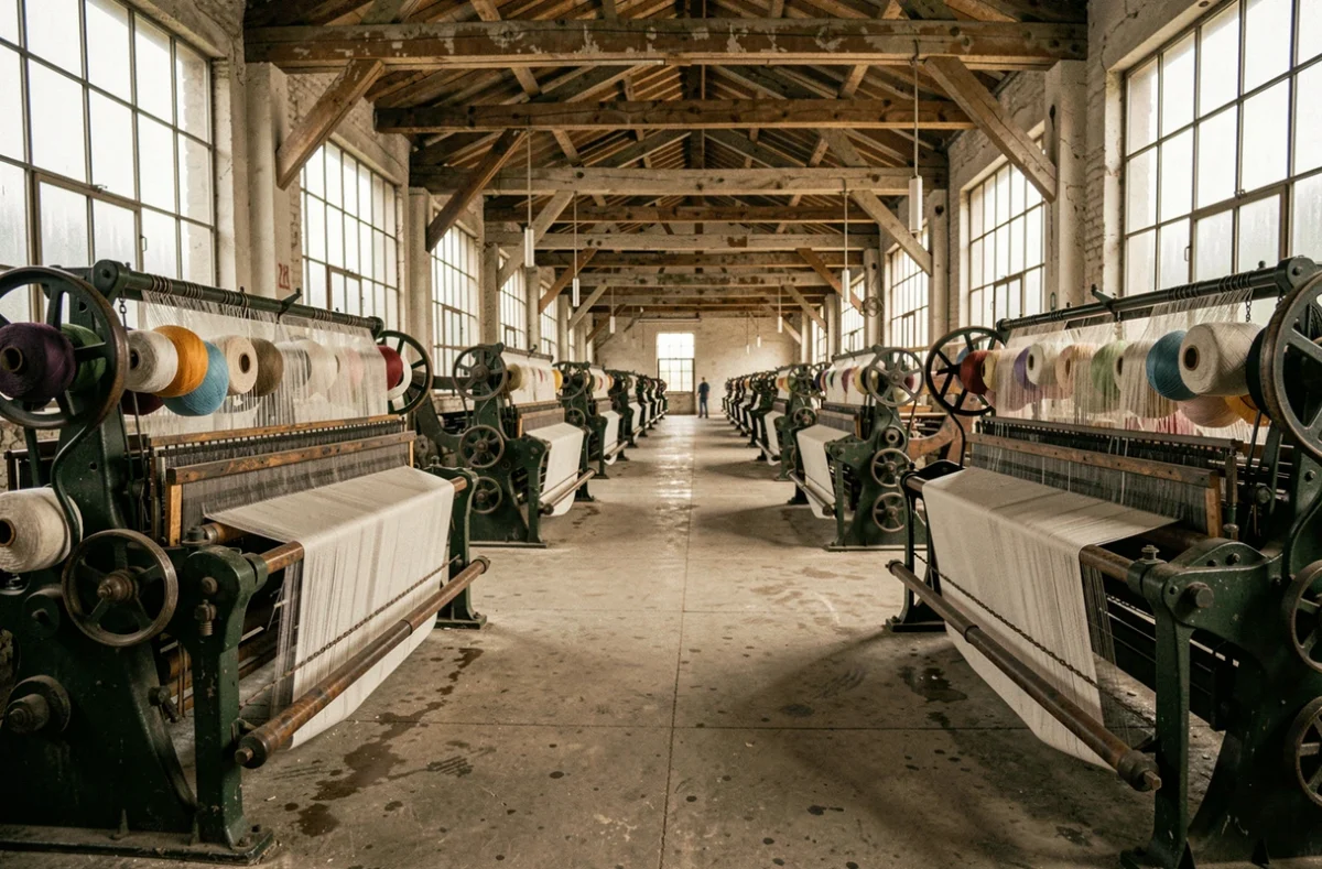 Atelier de fabrication textile historique avec des métiers à tisser chargés de fils en rhovyl, évoquant la production industrielle de cette fibre synthétique PVC en Europe