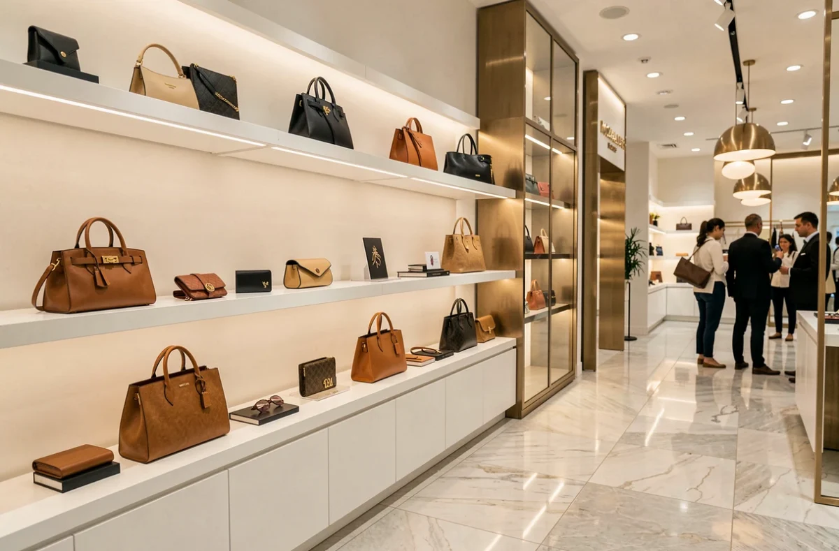 Intérieur d'une boutique Michael Kors avec des sacs et accessoires exposés sur des étagères minimalistes