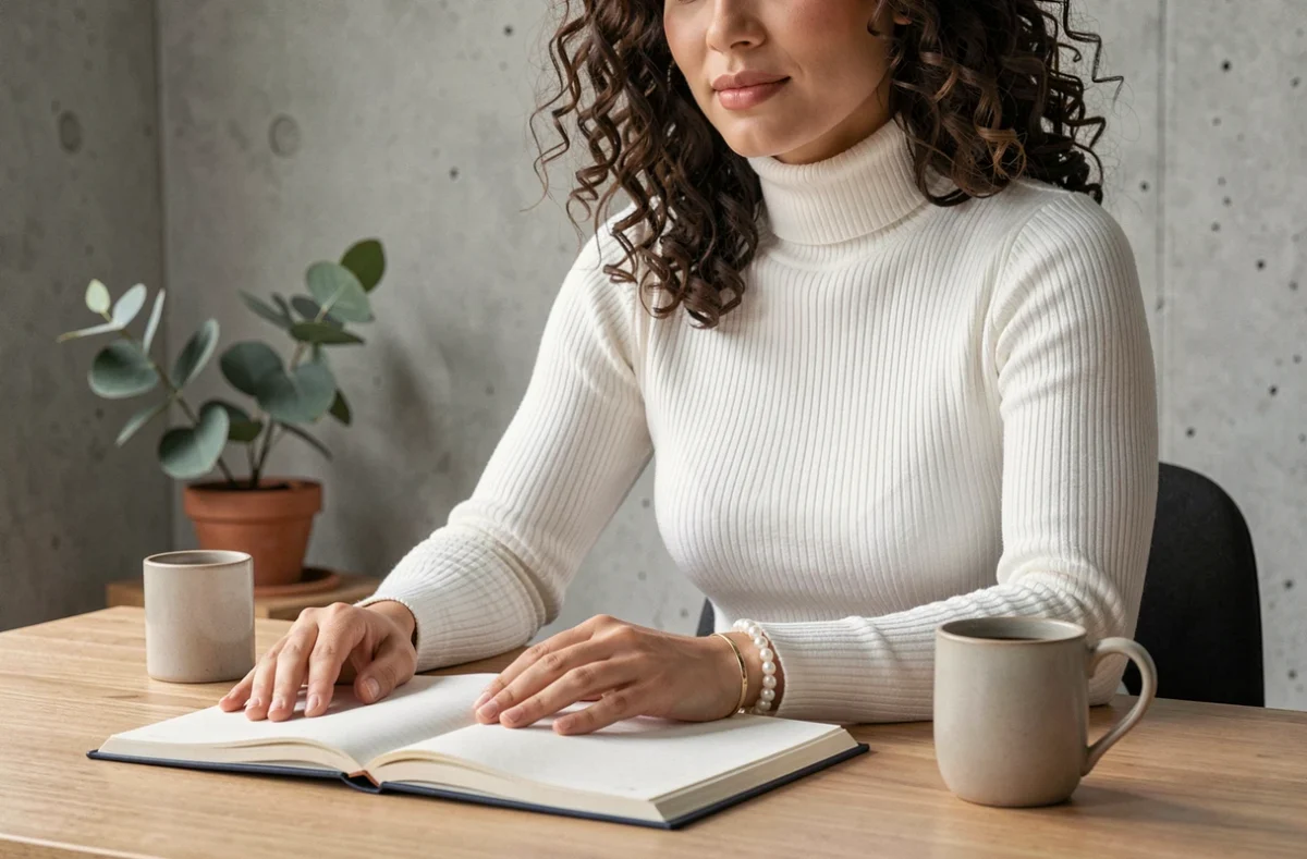 Femme portant un bracelet de perles d'eau douce empilé avec un bracelet doré dans un bureau minimaliste à la maison