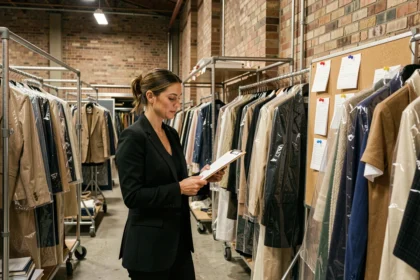 Directrice de mode en coulisses d'un défilé révisant le budget de production sur un presse-papiers entouré de portants de vêtements
