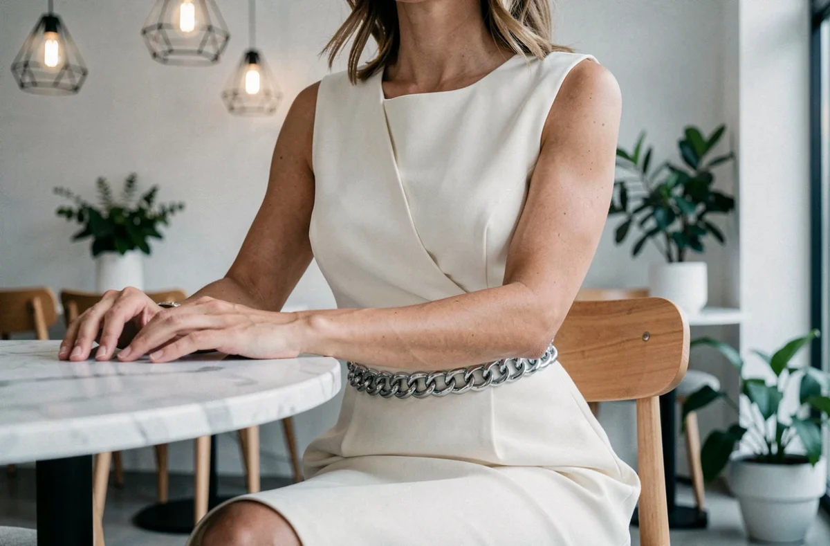 Femme assise dans un café scandinave portant une ceinture chaîne argentée sur une robe midi crème, look tendance ceintures 2026