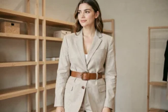 Femme portant une large ceinture en cuir cognac tendance 2026 sur un blazer en lin beige dans une boutique parisienne minimaliste