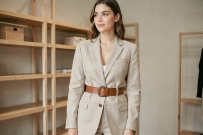 Femme portant une large ceinture en cuir cognac tendance 2026 sur un blazer en lin beige dans une boutique parisienne minimaliste