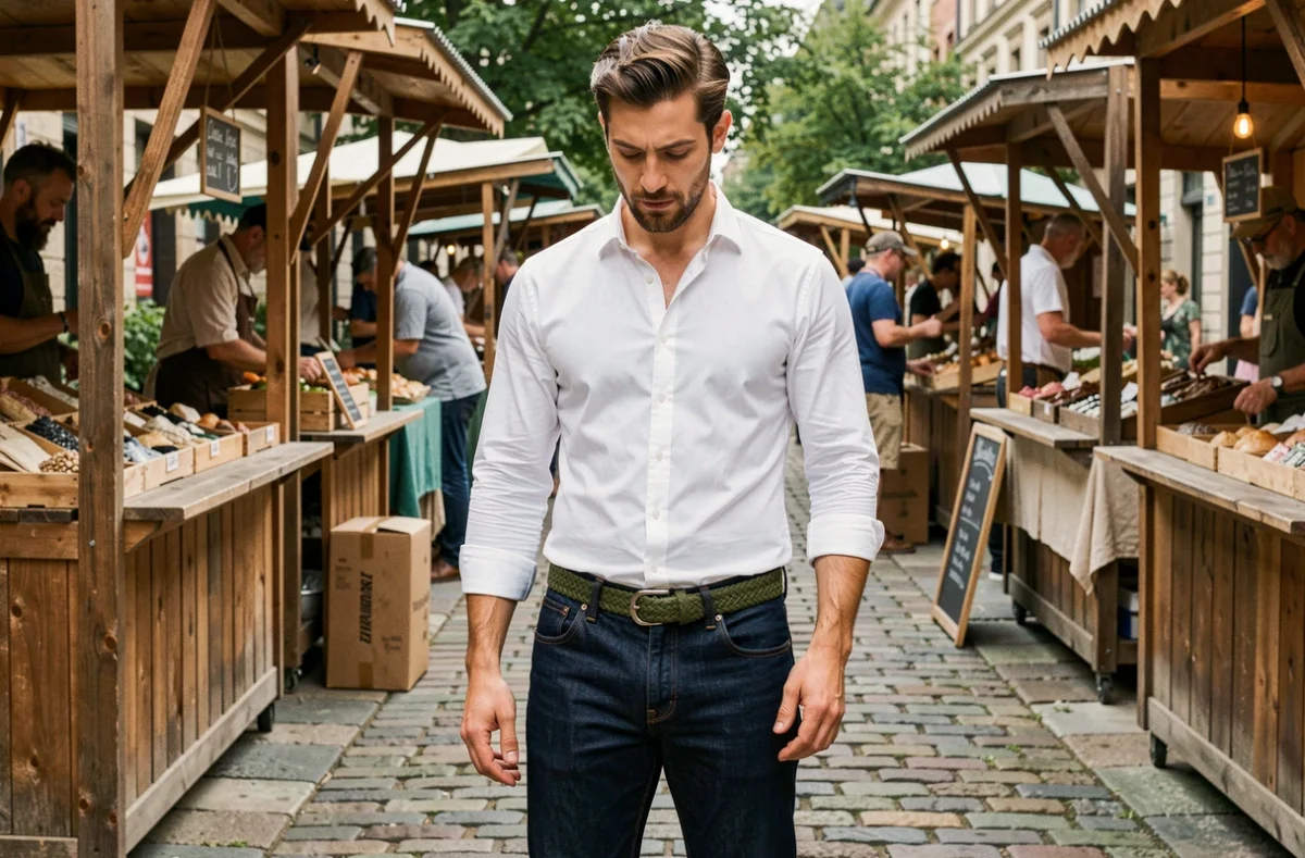 Homme portant une ceinture tressée en toile vert olive avec un jean en denim indigo dans un marché en plein air, style tendance 2026