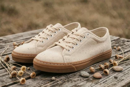 Paire de sneakers durables en toile recyclée posée sur une surface en bois brut avec des éléments naturels