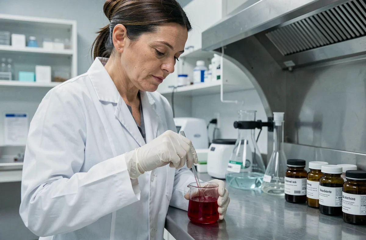 Chimiste cosmétique féminine formulant un rouge à lèvres en laboratoire professionnel
