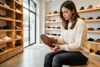 Femme essayant une chaussure en cuir dans une boutique moderne pour choisir la meilleure paire