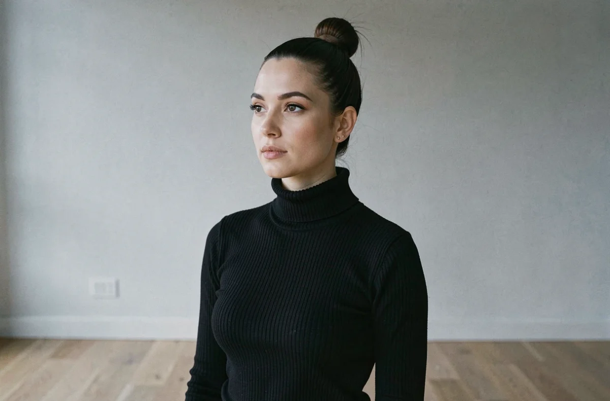 Femme au visage rond portant un col roulé noir avec chignon haut pour allonger visuellement le visage