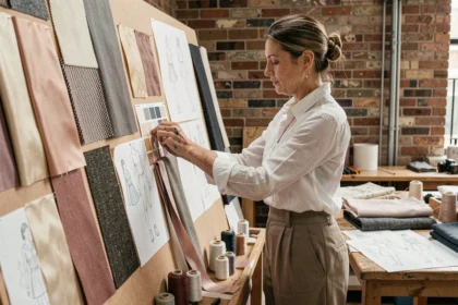 Créatrice de mode dans un atelier parisien assemblant une collection avec des échantillons de tissus et des croquis