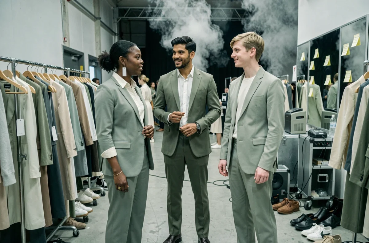 Mannequins en coulisses d'un défilé de mode portant une collection minimaliste aux silhouettes structurées