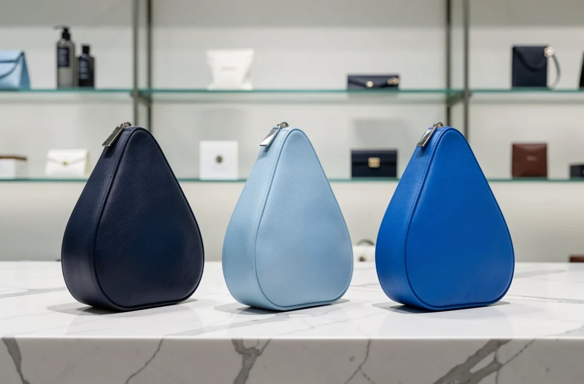 Trois sacs banane bleus en différentes teintes exposés sur un comptoir en marbre dans une boutique moderne