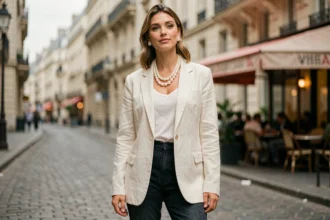 Femme élégante portant un collier de perles superposées avec un blazer en lin crème et un jean droit dans une rue parisienne