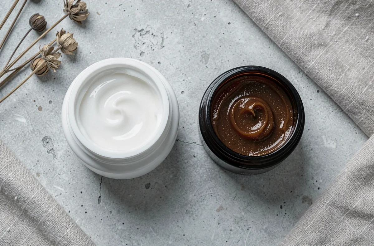 Comparaison côte à côte d'un baume et d'une crème hydratante visage sur surface en pierre