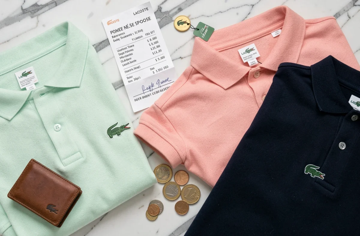 Flat-lay de polos Lacoste avec reçu et comparaison de prix en euros sur marbre