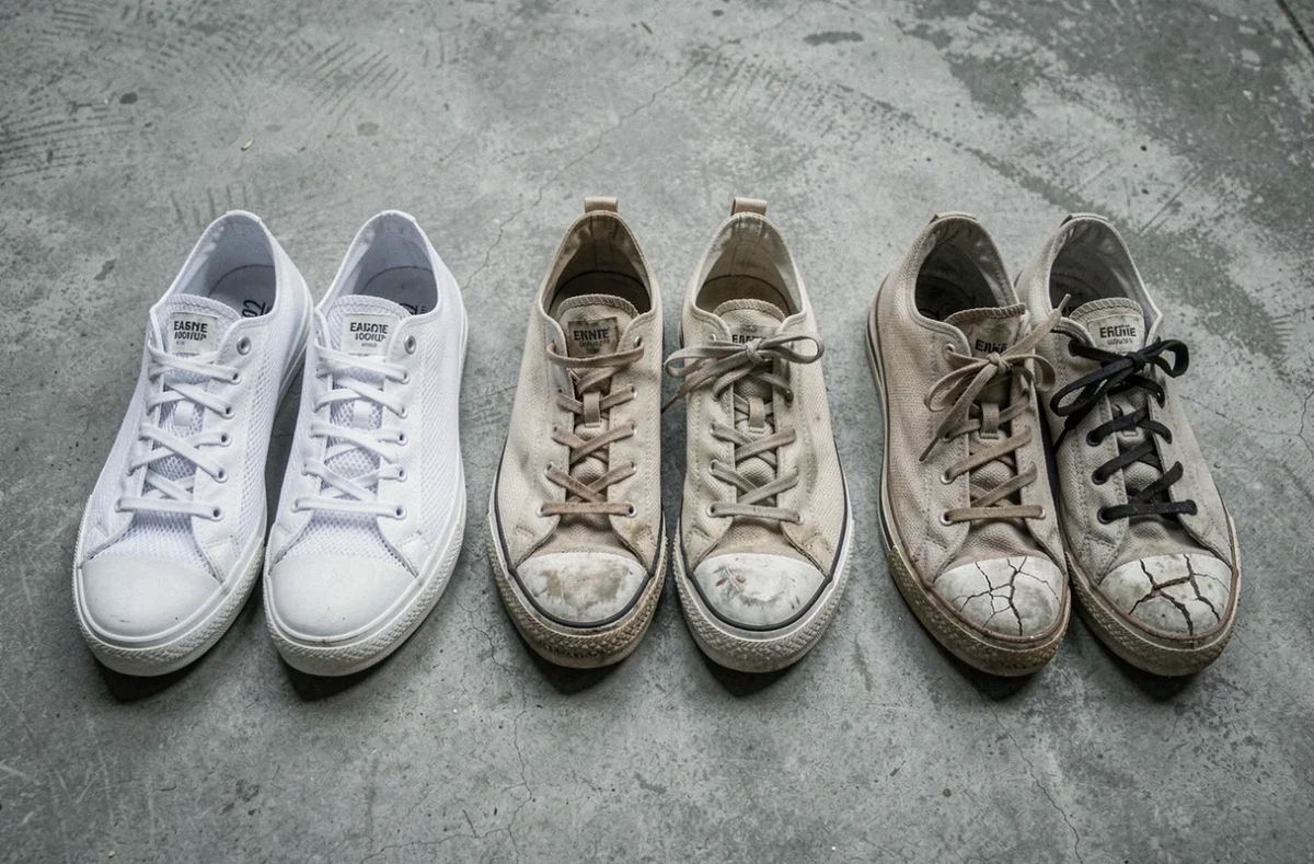 Trois paires de baskets côte à côte illustrant différents stades d'usure, de la neuve à la très usée, sur béton gris