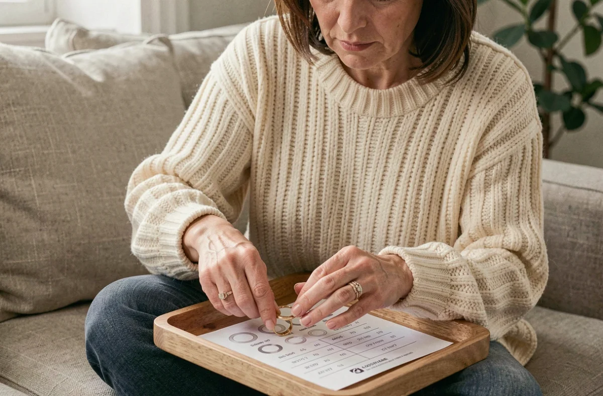 Femme comparant une bague existante avec un guide des tailles imprimé pour déterminer sa taille de bague chez elle