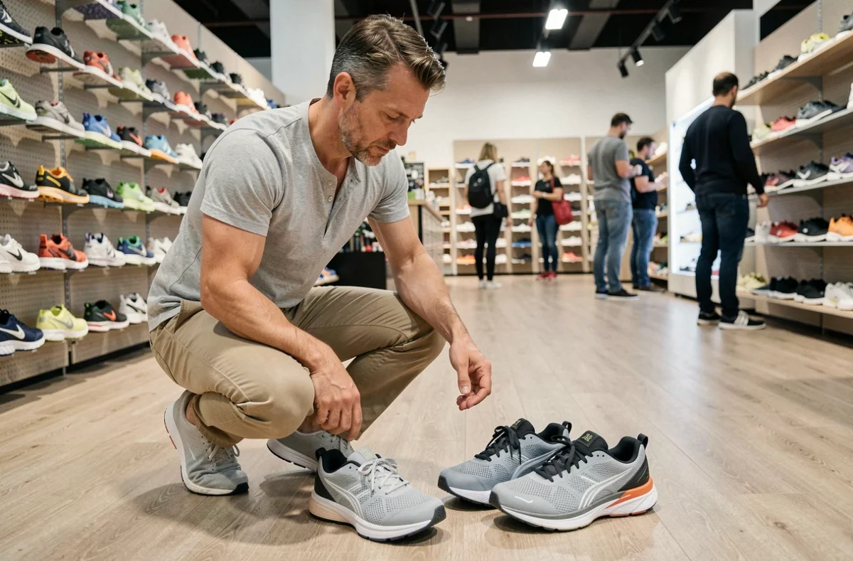 Homme comparant deux paires de chaussures de sport dans un magasin pour trouver la meilleure option