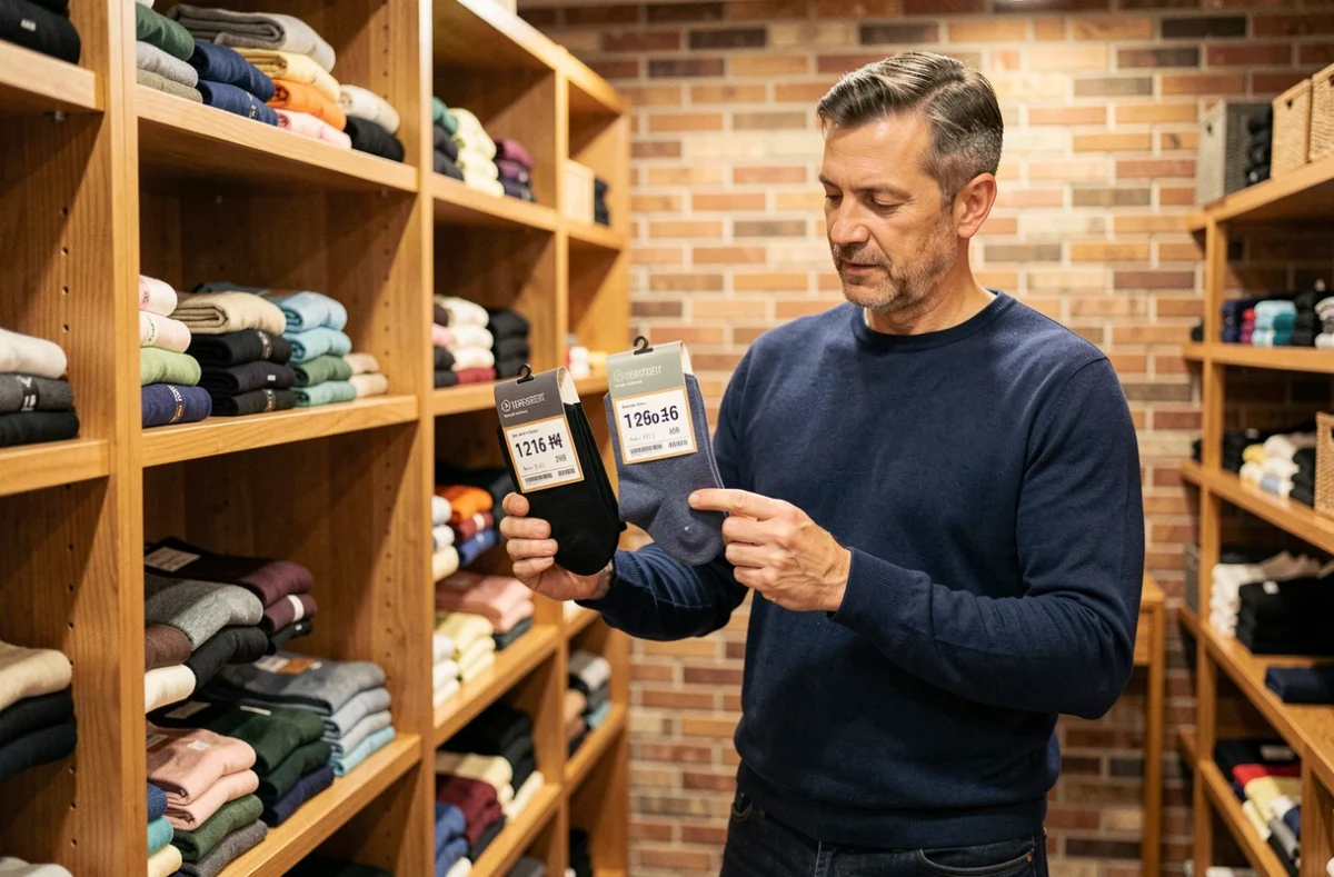 Homme comparant les étiquettes de taille sur des emballages de chaussettes dans une boutique