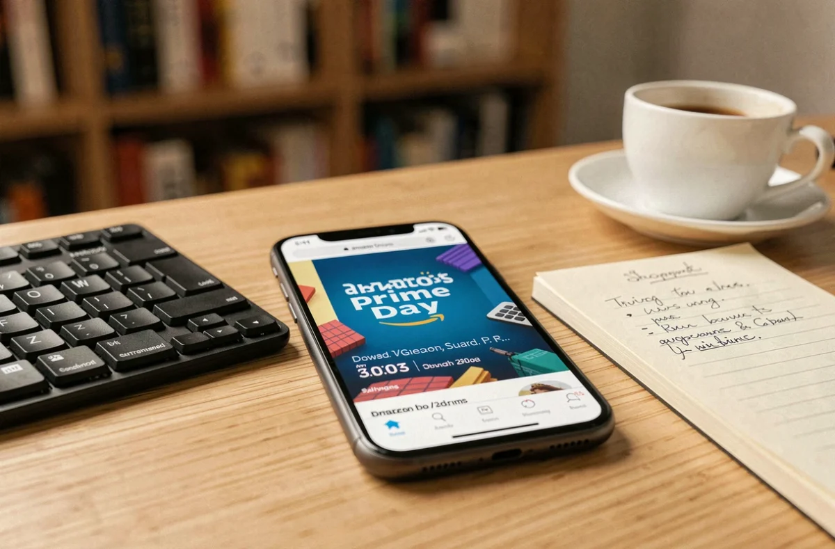 Gros plan d'un smartphone affichant le compte à rebours de fin du Prime Day Amazon posé sur un bureau en bois avec des notes d'achats manuscrites