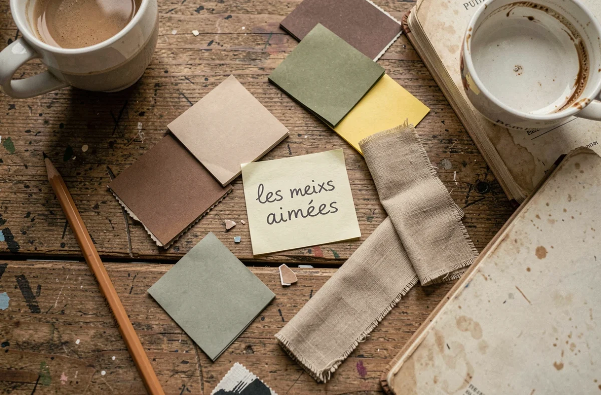 Vue de dessus d'un bureau avec des échantillons de couleurs peu populaires en teintes ternes et marrons, accompagnés d'une note manuscrite