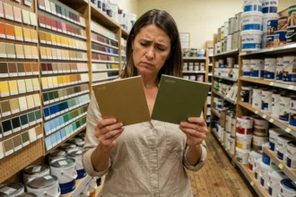 Femme comparant des échantillons de couleurs peu attrayants dans une quincaillerie, exprimant une légère répulsion face aux teintes ternes