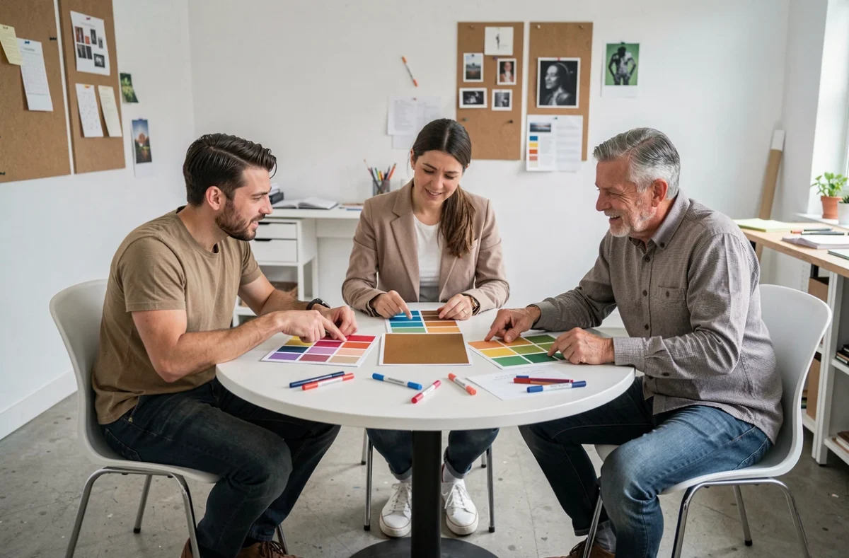 Groupe de designers autour d'une table discutant des couleurs les moins appréciées sur des planches de palette dans un studio créatif