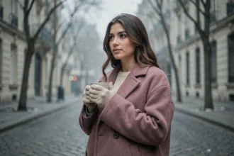Femme en manteau mauve poudré dans une rue parisienne en hiver, illustrant la couleur tendance de l'hiver 2026