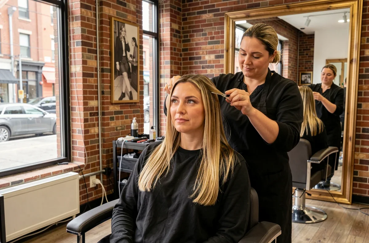 Coupe de cheveux en salon avec mèches longues encadrant le visage pour affiner les joues rondes