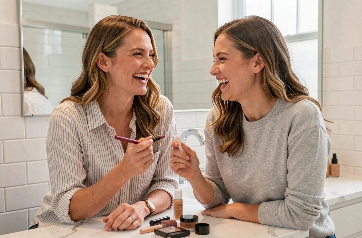 Deux femmes comparant un crayon à lèvres et un gloss dans une salle de bain moderne en marbre blanc