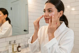 Femme appliquant une crème hydratante avant le maquillage dans une salle de bain lumineuse