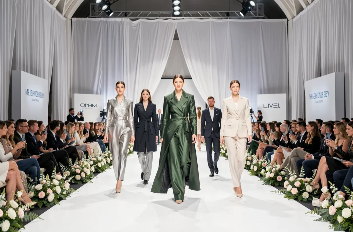 Défilé de mode professionnel avec des mannequins sur un catwalk blanc dans une grande salle événementielle luxueuse