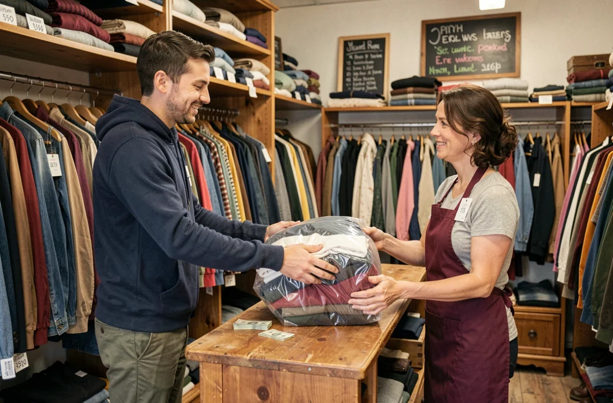 Homme déposant des vêtements dans un magasin de revente de seconde main en échange d'argent