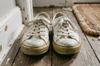 Vieilles baskets blanches usées posées sur un parquet en bois, montrant des signes visibles d'usure après plusieurs années d'utilisation