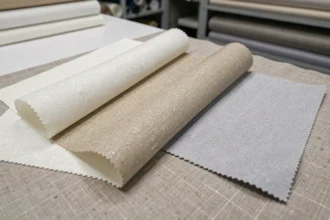 Échantillons de tissu en rhovyl disposés sur une surface en lin, montrant la texture fine des fibres synthétiques PVC utilisées en textile