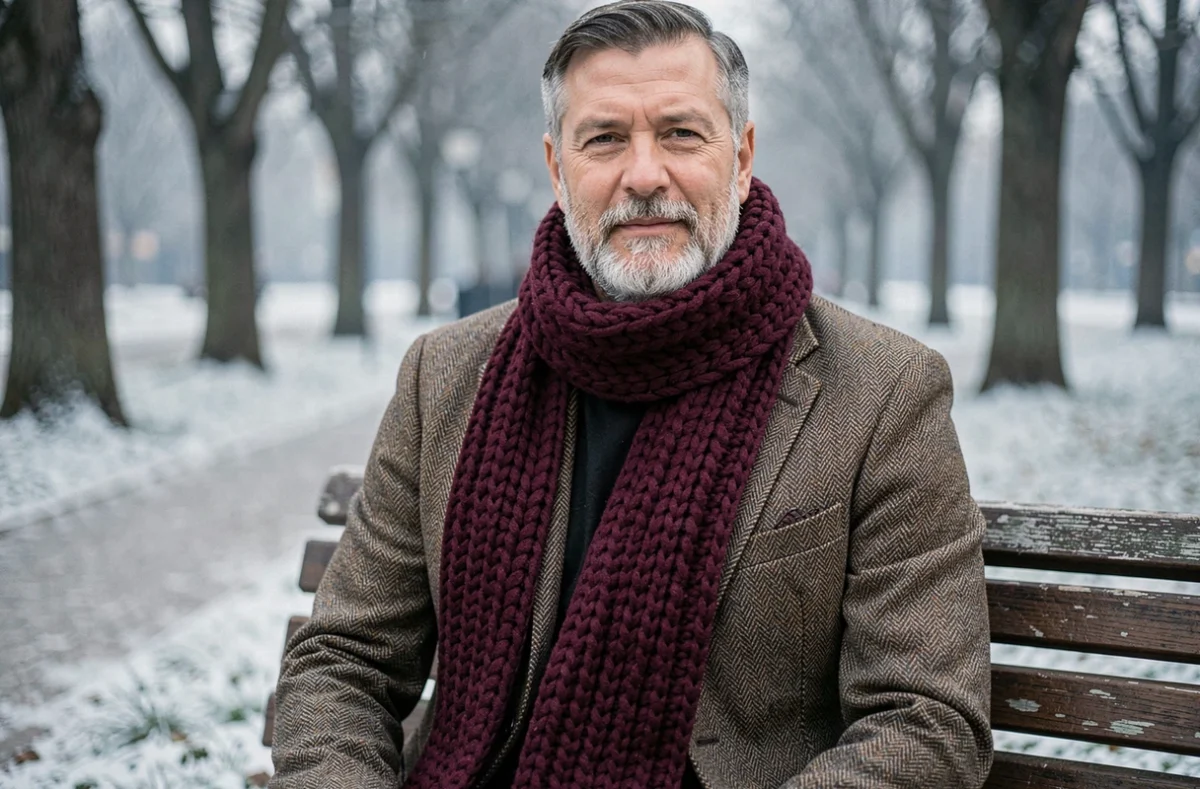 Homme âgé portant une large écharpe tricotée en laine épaisse de couleur bordeaux autour du cou en hiver, illustrant une écharpe large de 25 centimètres