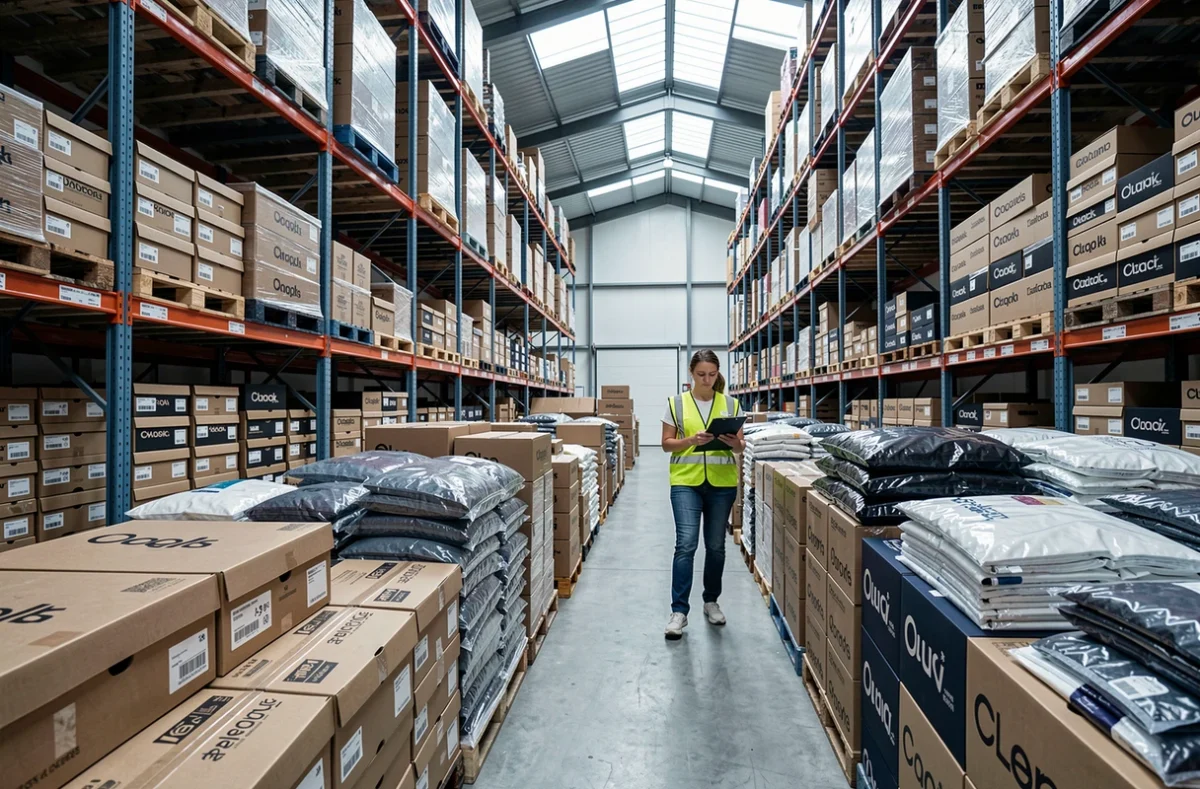 Entrepôt de stockage rempli d'invendus de grandes marques de mode