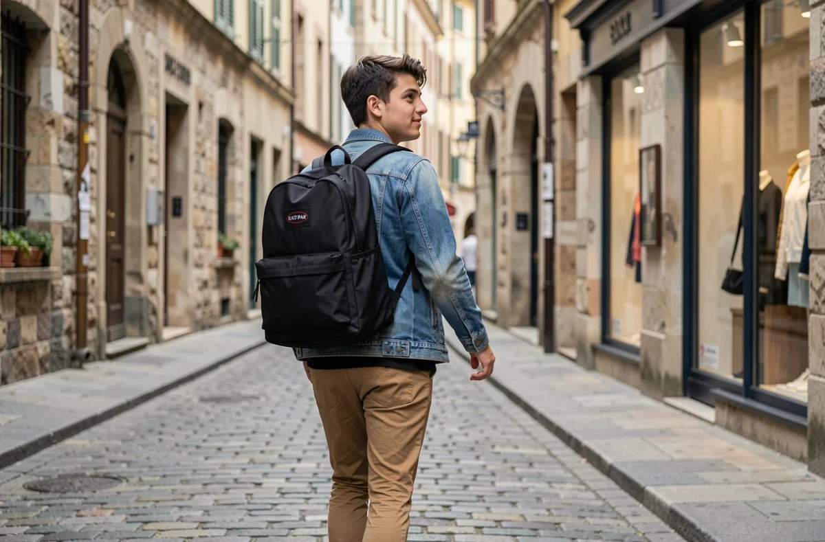 Jeune homme étudiant portant un sac à dos Eastpak noir marchant dans une rue pavée européenne