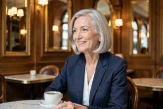 Femme de 60 ans avec une coupe au carré argentée élégante dans un café parisien