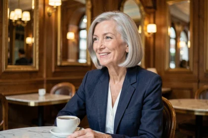 Femme de 60 ans avec une coupe au carré argentée élégante dans un café parisien