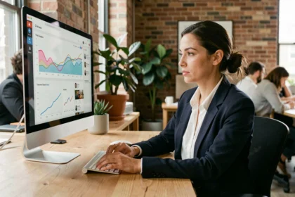 Femme analysant des tendances sur un ordinateur dans un espace de coworking moderne