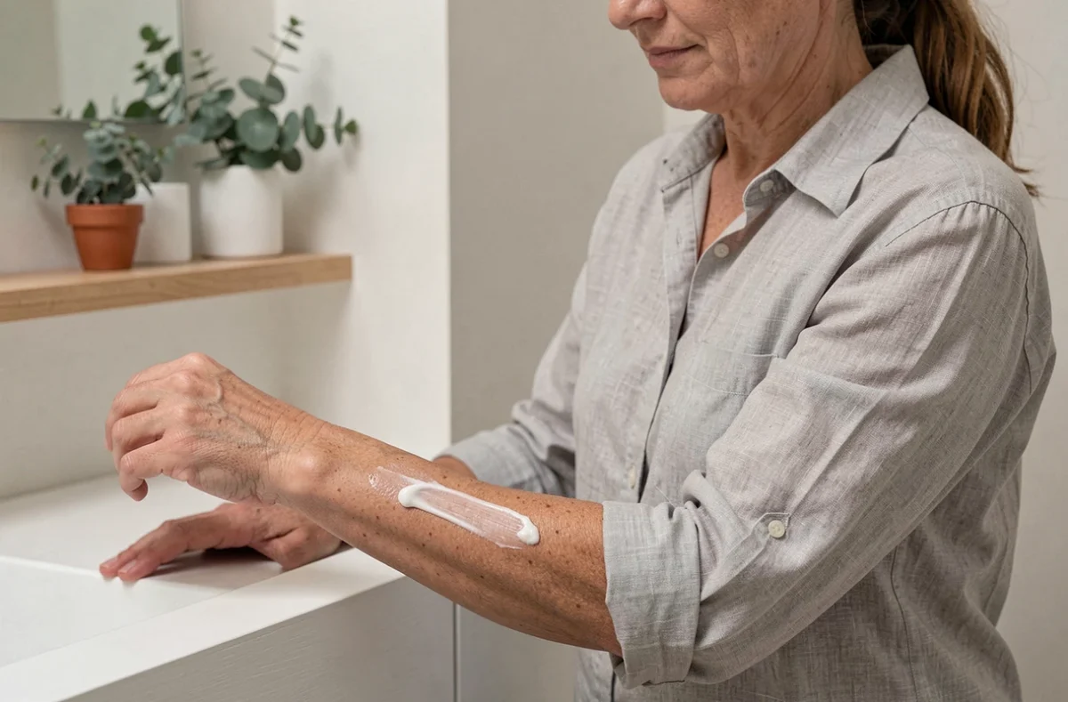 Femme appliquant une crème hydratante légère sur son avant-bras dans une salle de bain scandinave