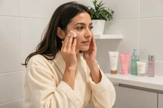 Femme appliquant une crème hydratante sur son visage devant un miroir de salle de bain