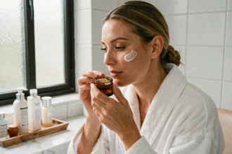 Femme appliquant un baume hydratant visage sur sa joue devant un miroir de salle de bain en marbre